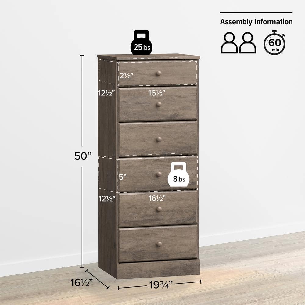 Astrid Drifted Gray Tall 6-Drawer Dresser with Acrylic Knobs