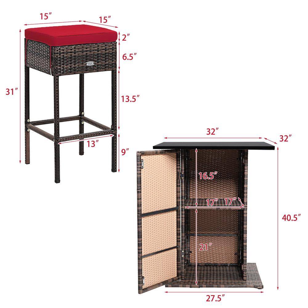 Red Cushioned 5-Piece Brown Wicker Outdoor Bar Set with Storage