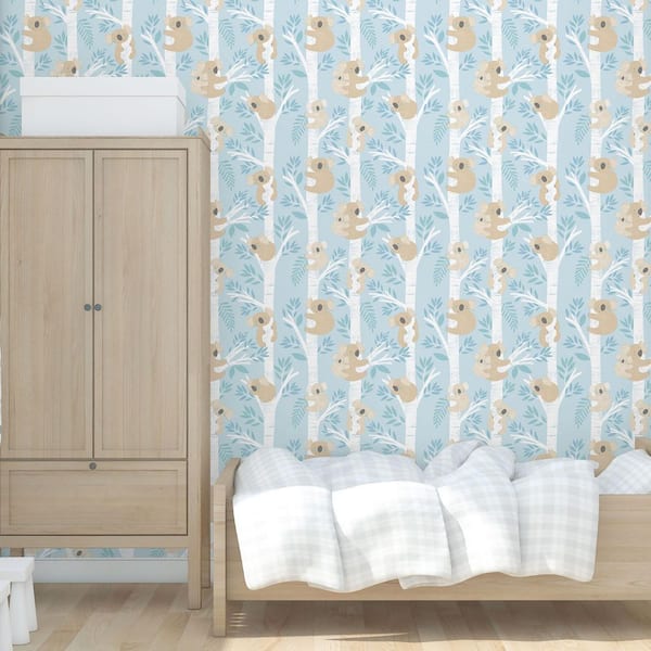Tiny Tots 2-Collection Light Blue/Beige/White Glitter Finish Kids Koala Bear Theme Non-Woven Paper Wallpaper Roll