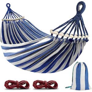 9 ft. 2 Person Durable Canvas Fabric Hammocks with Two Anti Roll Balance Beam and Sturdy Metal Knot Tree(Blue White)