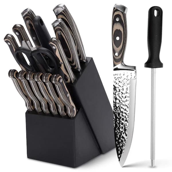 15-Piece Hammered German High-Carbon Stainless Steel Knife Block Set with Grey Triple-Rivet Handle
