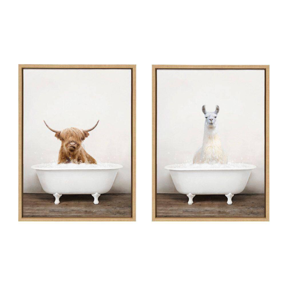 Highland Cow and Llama Bubble Bath Canvas Art Set, 18x24, Natural Wood Frame