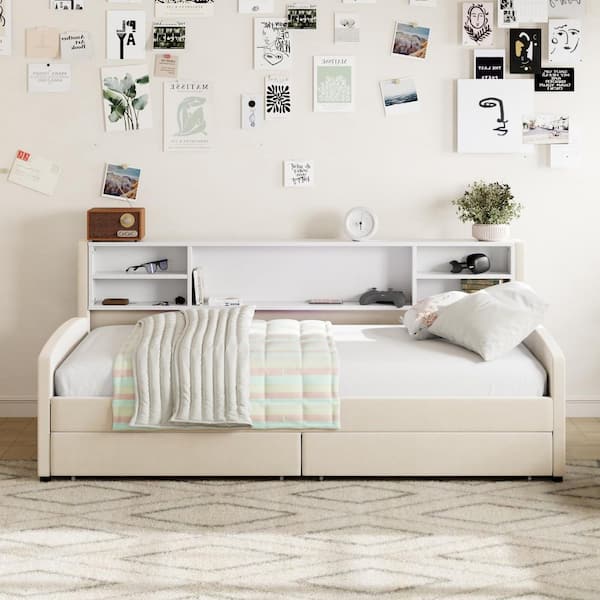 Beige Wood Frame Twin Platform Bed with Storage and Drawers
