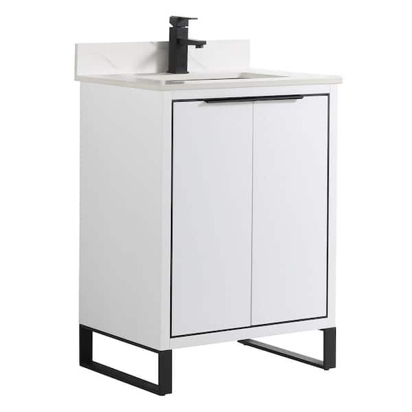 FINE FIXTURES Opulence 24 in. W x 18 in. D x 33.5 in H. Bath Vanity in White Matte with White Carrara Single Sink Stone Top