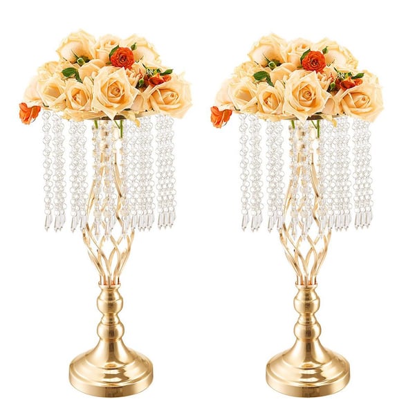 SKYSHALO 12-Pieces 19.3in. Tall Crystal Wedding Flower Stand,Steel Wedding Vase,Gold Flower Holders Floral Display Rack Round