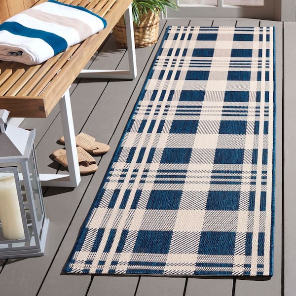 Courtyard Navy/Beige 2 ft. x 7 ft. Plaid Indoor/Outdoor Runner Rug