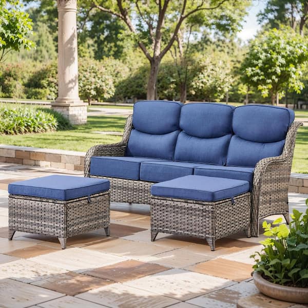 NovaSwivel Gray 3-Piece Wicker Outdoor Couch Patio Sectional Sofa with 6 in. Thick Blue Cushions and Ottomans