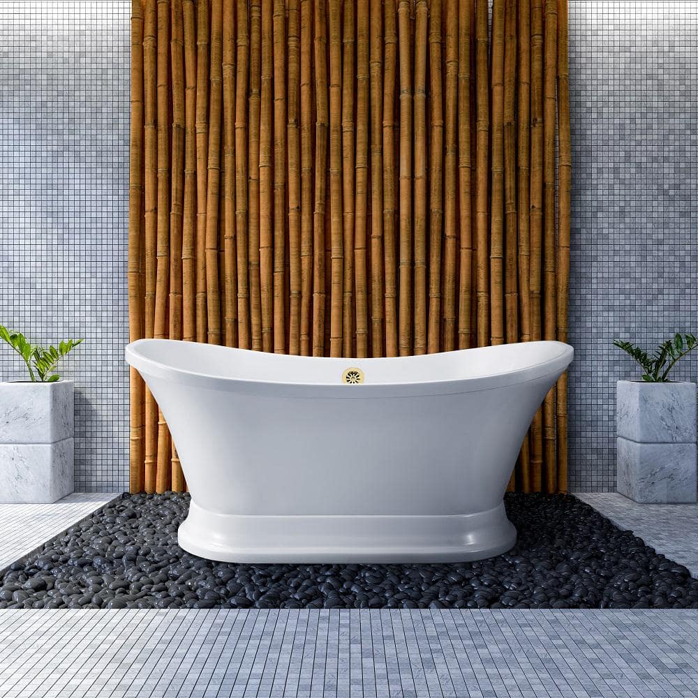 60" Glossy White Freestanding Acrylic Bathtub with Polished Gold Drain