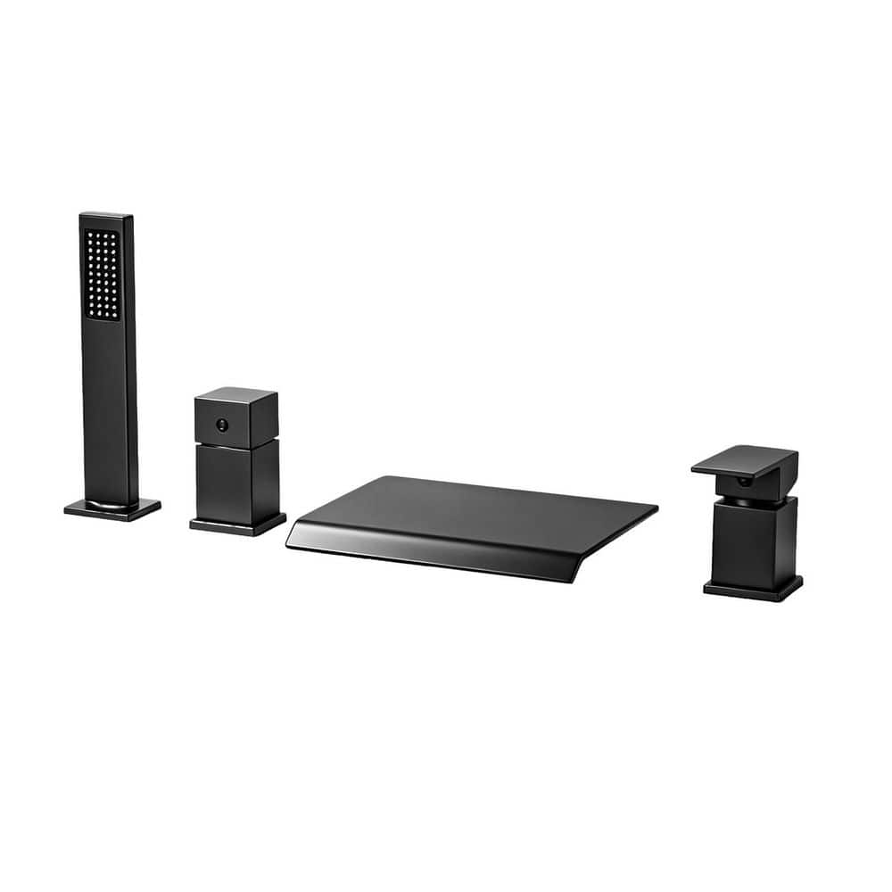 1 Handle Tub Deck Mount Roman Tub Faucet with Waterfall Spout, Hand Shower in Matte Black