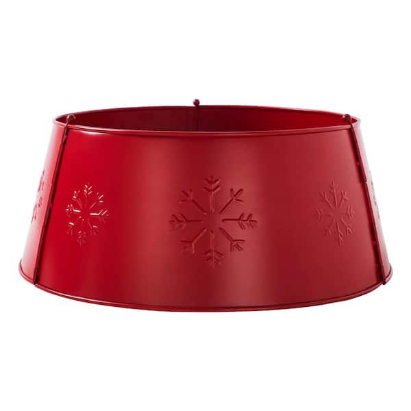VHC BRANDS Seasons Crest 20 in. Barn Red Snowflake Metal Christmas Tree Collar