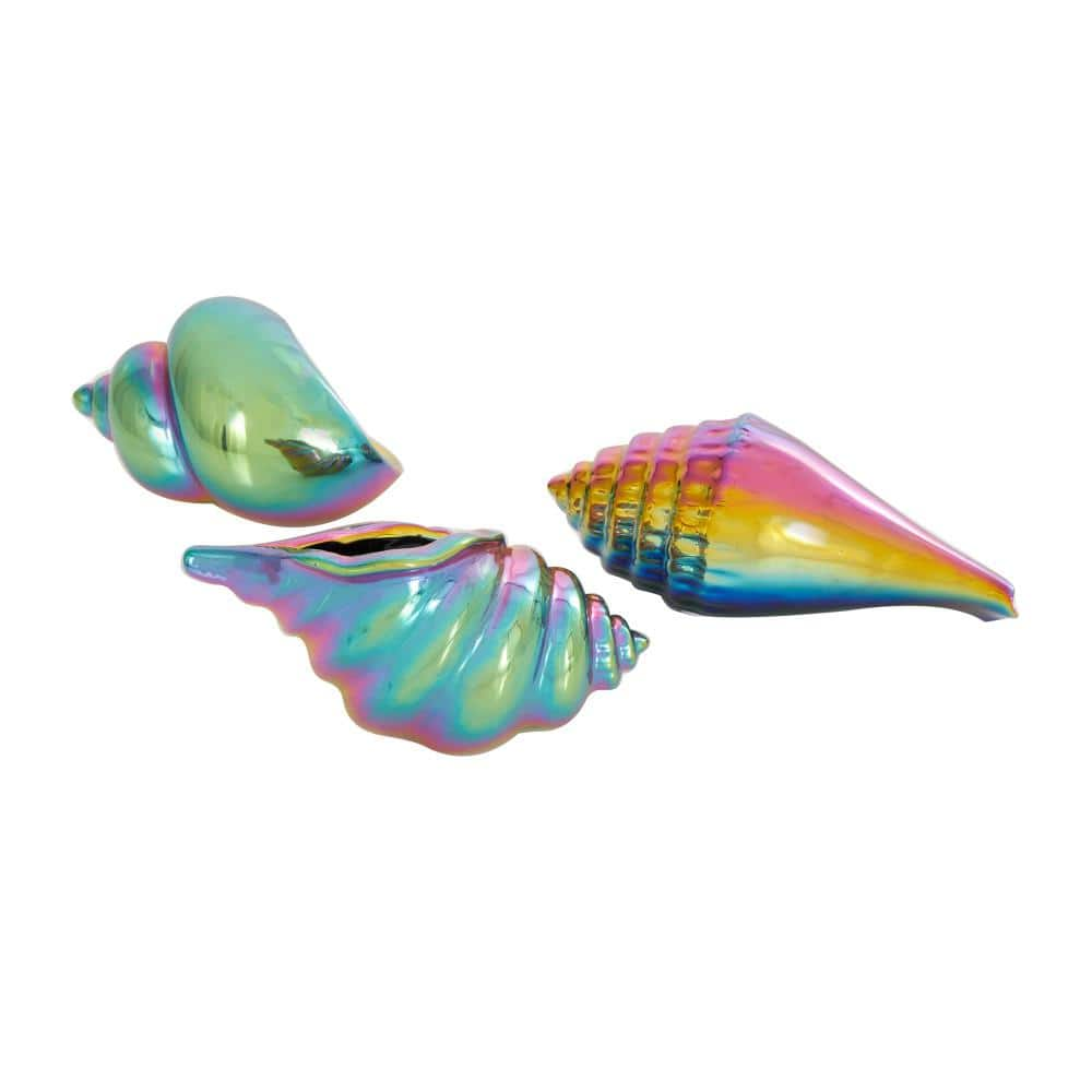 Litton Lane Multi Colored Ceramic Shell Sculpture With Rainbow Shimmer Finish Set Of 3 045340