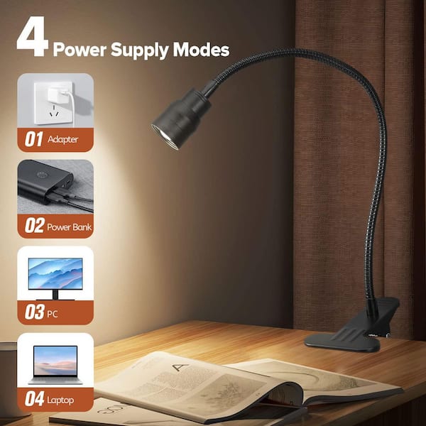 15 in. Black LED Clip-On Reading Lamp Desk Lamp with Flexible Gooseneck and Adjustable Beam Angle for Headboard or Dorm