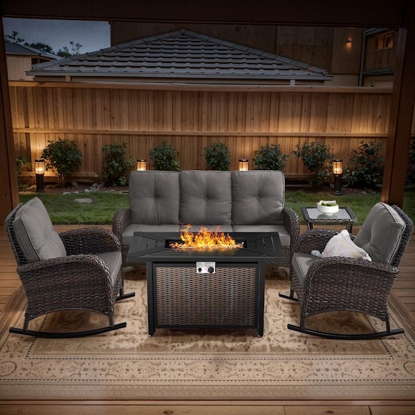 Opohoro Brown 5-Piece Wicker Patio Fire Pit Set, Outdoor Sofa Seating Set with Olefin Gray Cushions and Rocking chairs
