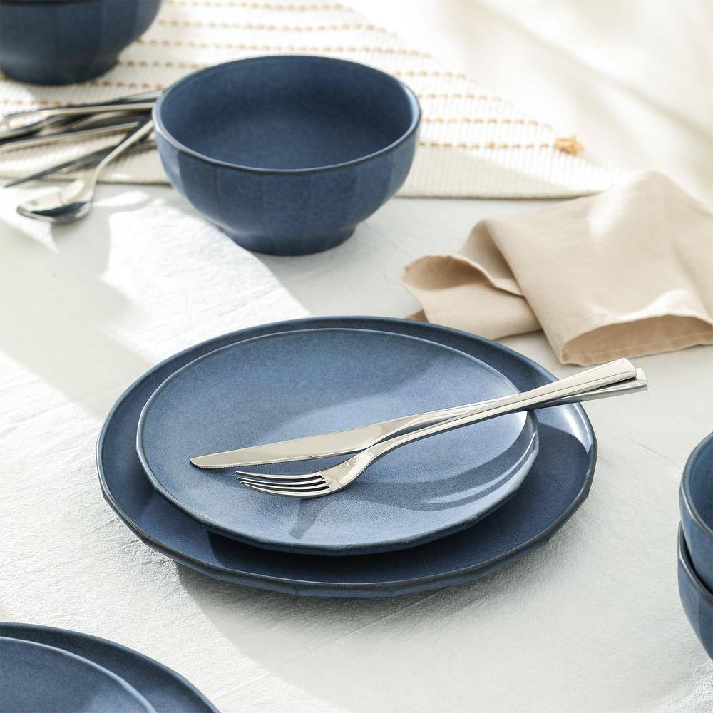 Blue Ceramic 16-Piece Minimalist Dinnerware Set for 8