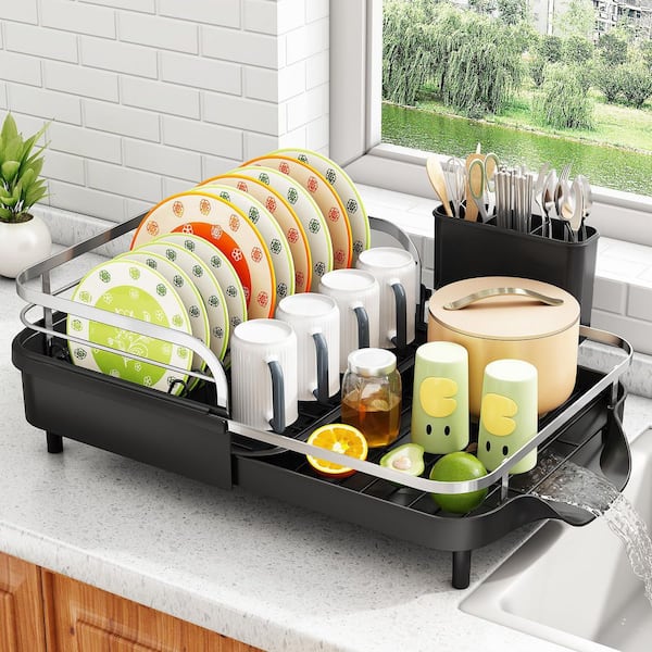 Expandable Dish Rack for Kitchen Counter, Rust-Resistant Dish Drainer with Utensil Holder and Raised Guardrail