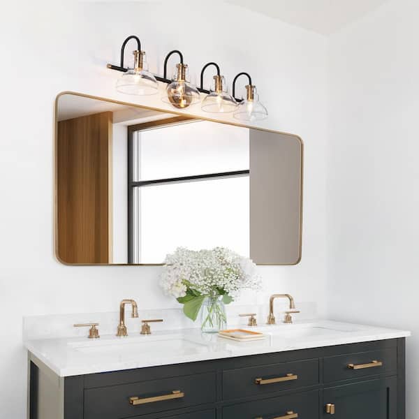 29 in. 4-Light Brass Gold Bathroom Vanity Light, Barn Clear Glass Bath Lighting, Modern Black Indoor Wall Sconce