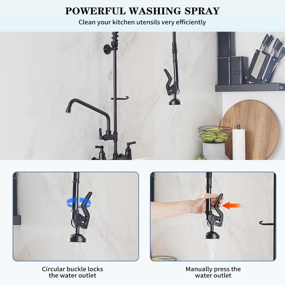Matte Black Wall-Mount Pull-Down Commercial Kitchen Faucet