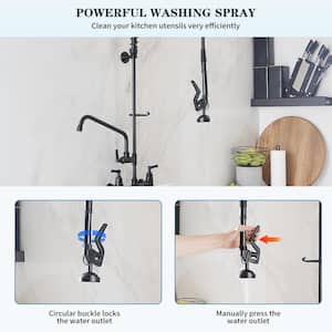 Commercial Restaurant Wall Mount Double Handle Pull Down Sprayer Kitchen Faucet Pre-Rinse Utility in Matte Black