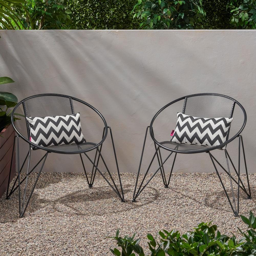 Metal Outdoor Dining Lounge Chair in Matte Black Set of 2