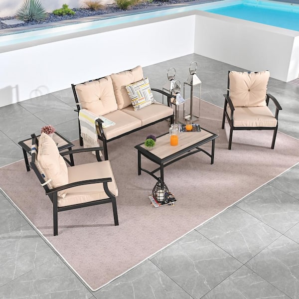 Patio Festival 5-Piece Metal Patio Conversation Set with Khaki Cushions