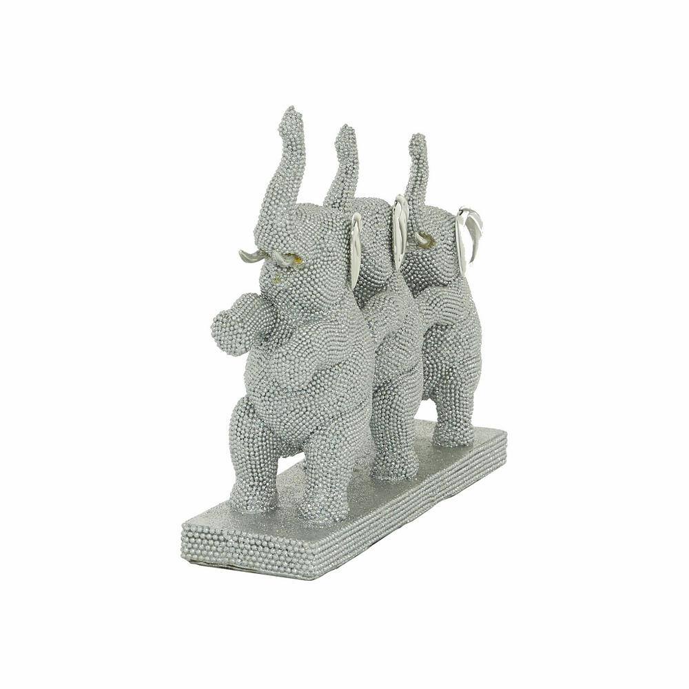 Silver Resin Elephant Trio Sculpture with Shimmering Finish