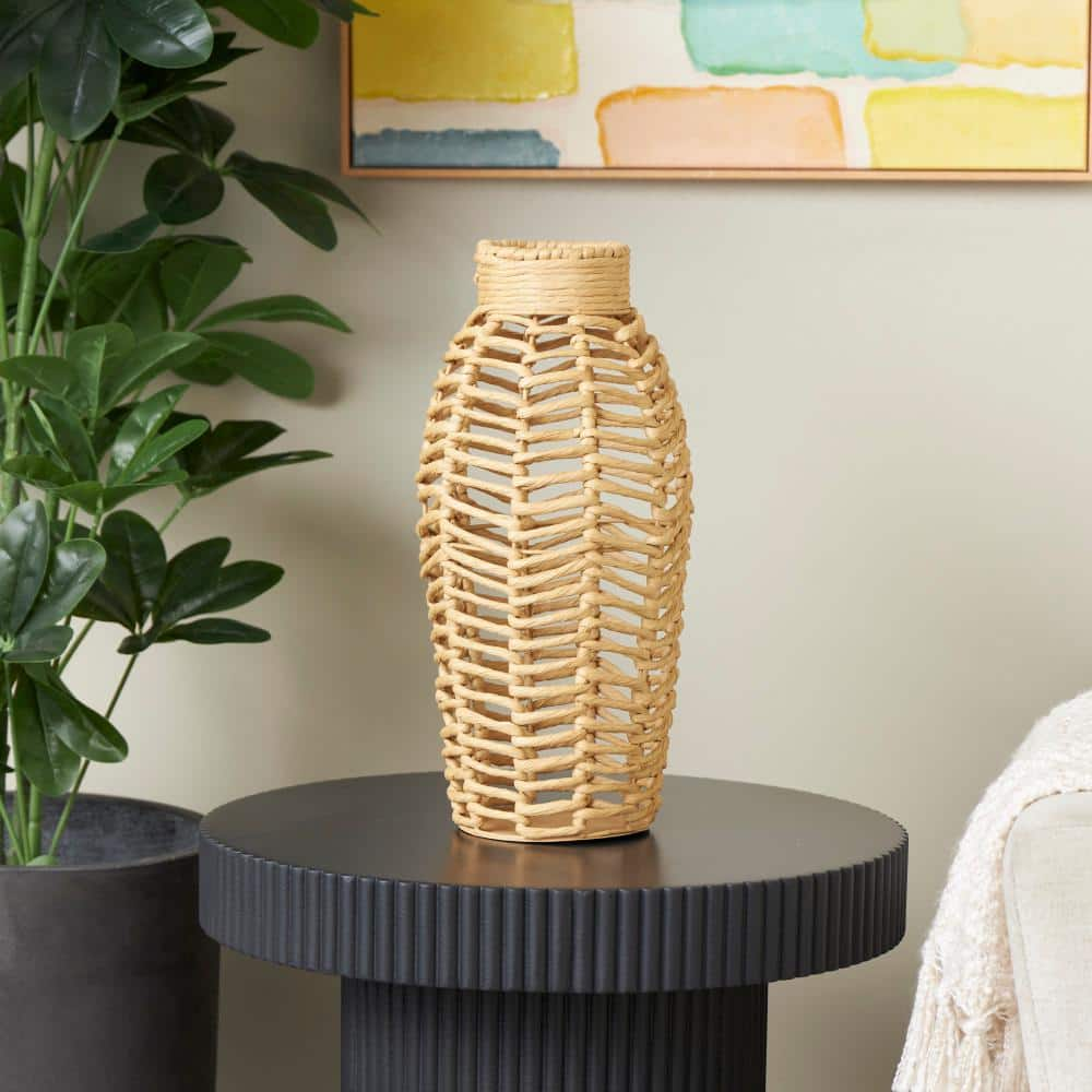 Litton Lane 16 in. Brown Handmade Woven Jute Rope Decorative Vase with Chevron Pattern