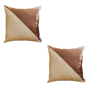 Bohemian Vegan Faux Leather Brown and Ivory 18 in. x 18 in. Square Solid Throw Pillow Set of 2