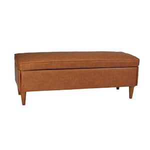 Atley Cognac Vegan Leather 50 in. Bedroom Bench with Storage and Solid Wood Legs