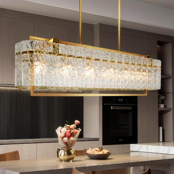 6 lights Modern Gold Rippled Glass Chandeliers for Dining Room, 39 in. Linear Glass Kitchen Island Pendant Lighting
