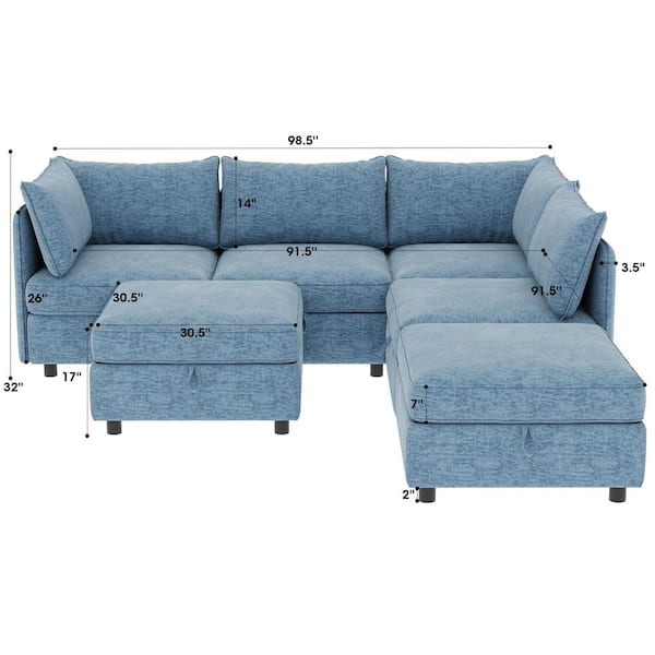 Harper & Bright Designs Convertible Modular 129 in 6 Piece Chenille Sectional Sofa in. Antique Blue with Storage Seats, Ottomans, Sleeper Sofa GCSFPS00017