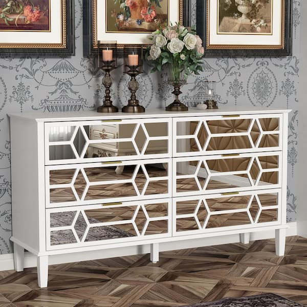FUFU&GAGA 6-Mirrored Drawers White Wood Dresser 55.1 in. W 6 Drawer High Gloss Dresser (15.7 in. D x 30.3 in. H)