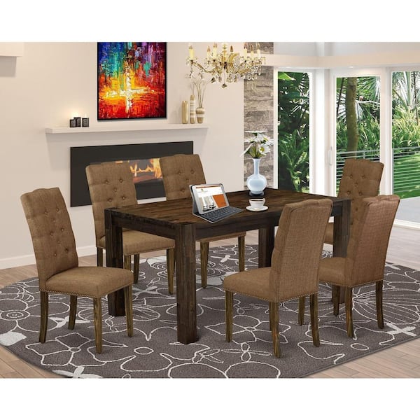 7-Piece Rectangle Distressed Jacobean Finish Solid Wood Top Dining Table with 6 Chairs with Lattice Back