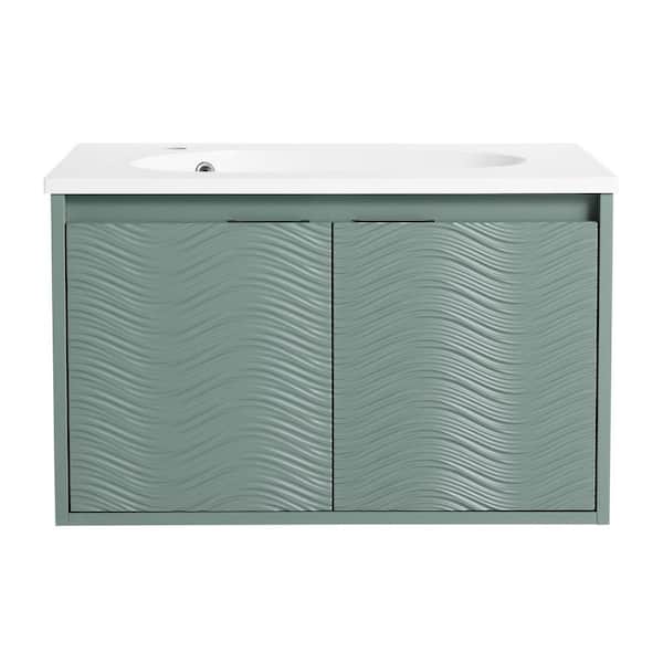 Boosicavelly 29.90 in. W 18.20 in. D 18.50 in. H Single Sink Wall Mounted Bath Vanity in Green with White Resin Top