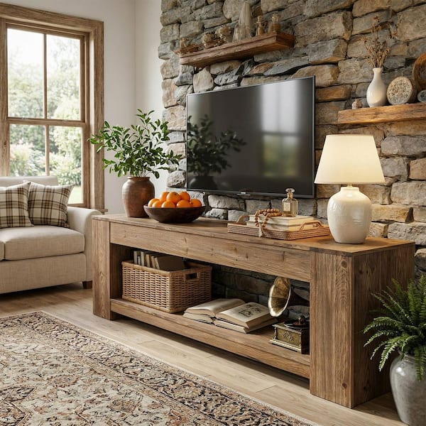 BYBLIGHT Ezlynn Brown Farmhouse Solid Wood TV Stand Entertainment