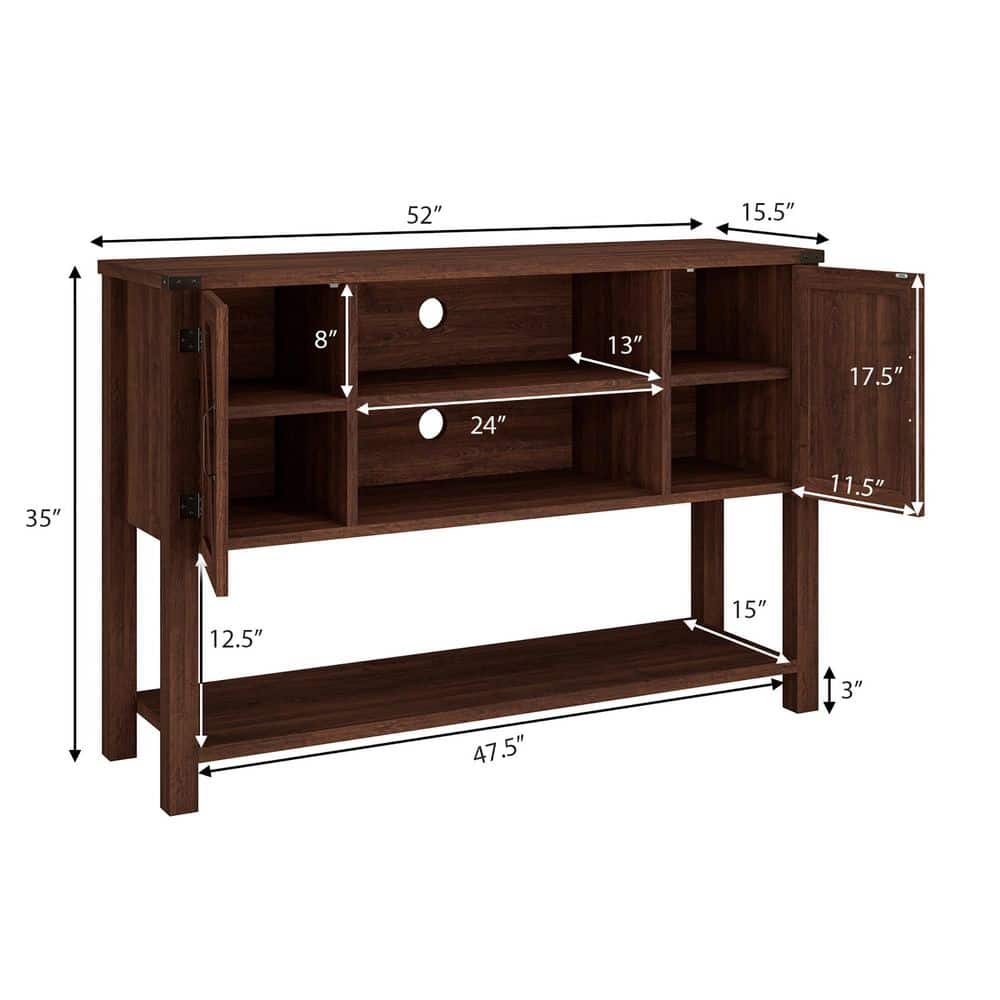 Brown Fir Wood Console Table with Cabinets and Shelves