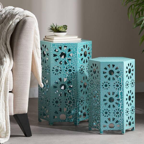 22 in. W Crackle Teal Hexagon Metal Side Table for Lawn, Deck