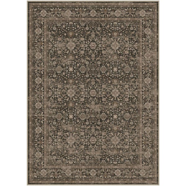 Qom Brown 5 ft. x 7 ft. Distressed Vintage Floral Washable Area Rug