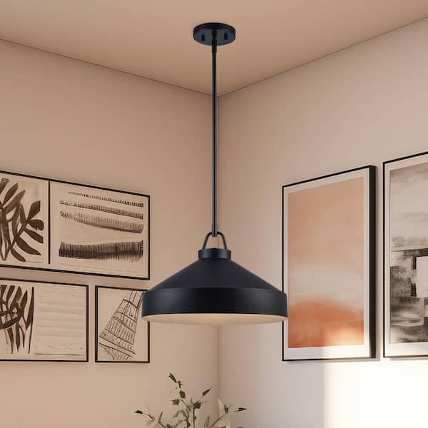 Lowen 15.75 in. 1-Light Black Pendant Light Fixture with Black Metal Dome Shade