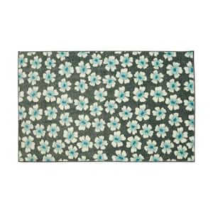 Simple Floral Aqua 2 ft. 6 in. x 4 ft. 2 in. Kitchen Mat