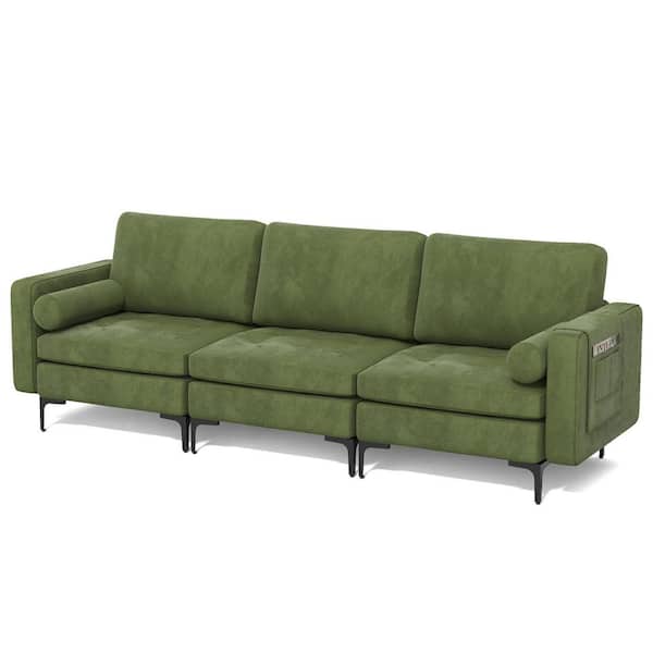 Costway 97 in. W Square Arm 4-Piece Suede Modular Sectional Sofa in Green with Side Storage Pocket and Metal Legs Army