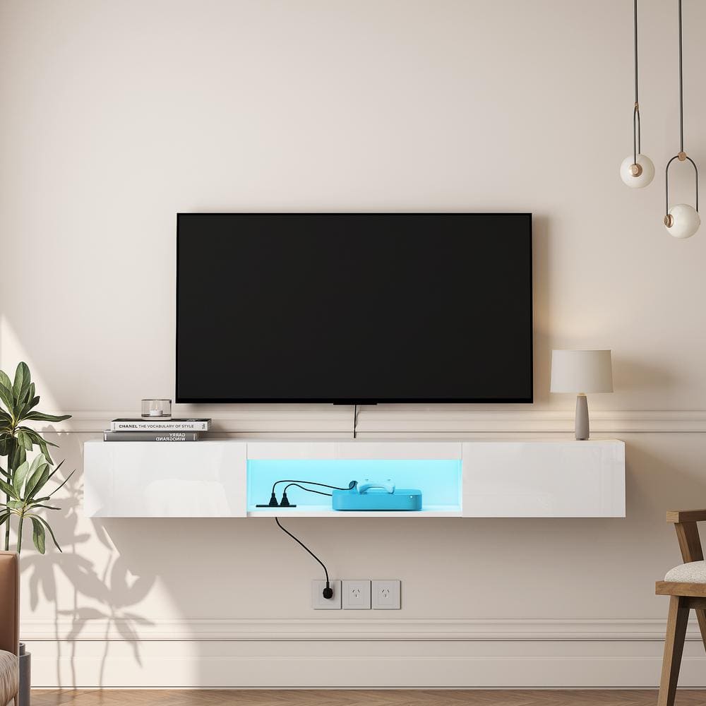 63 in. W x 12.2 in. D White MDF Decorative Wall Shelf Wall Mounted TV Stand
