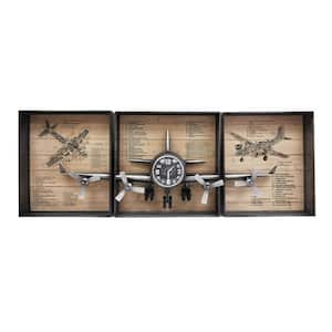 Metallic Vintage Silver color Airplane Wall Art with Clock, Set of 3