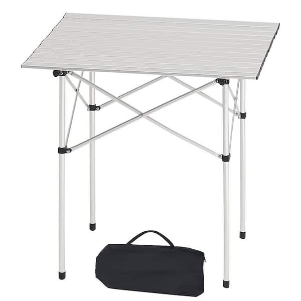Folding Camping Table, Silver Portable Roll Up Side Tables, Small Lightweight Aluminum Beach Table for Outdoor Cooking