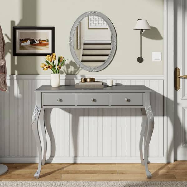 Silver Makeup Vanity Desk with Oval Mirror and Drawers