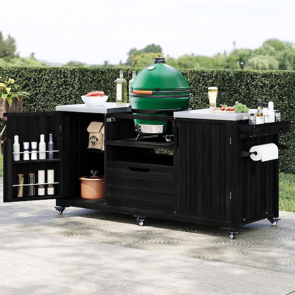 Farmhouse Black Stainless Steel 66.5 in. Kitchen Island Outdoor Grill Cart Compatible with Big Green Egg Grills