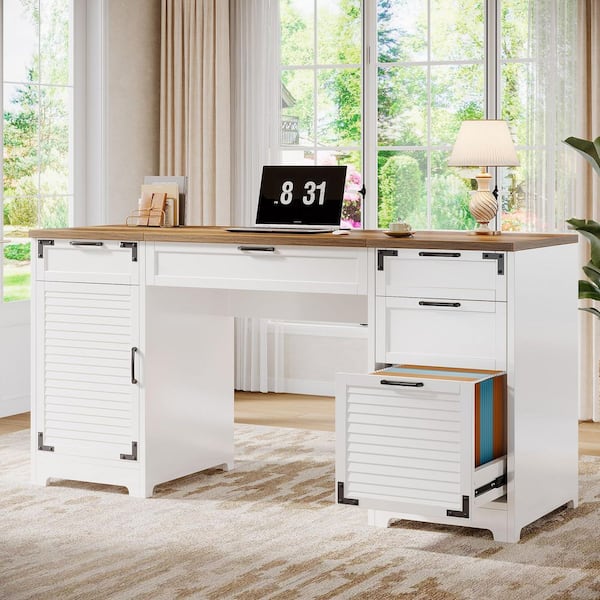 BYBLIGHT Moronia 59 in. Rectangular Brown and White Engineered Wood 5-Drawer Computer Desk with Storage Cabinet