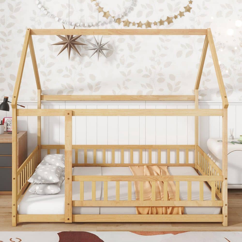 Brooke Brown Full Size House Floor Platform Bed, Kids Bed with Roof Frame, Safety Guardrails, Natural price history on PriceWatchPro