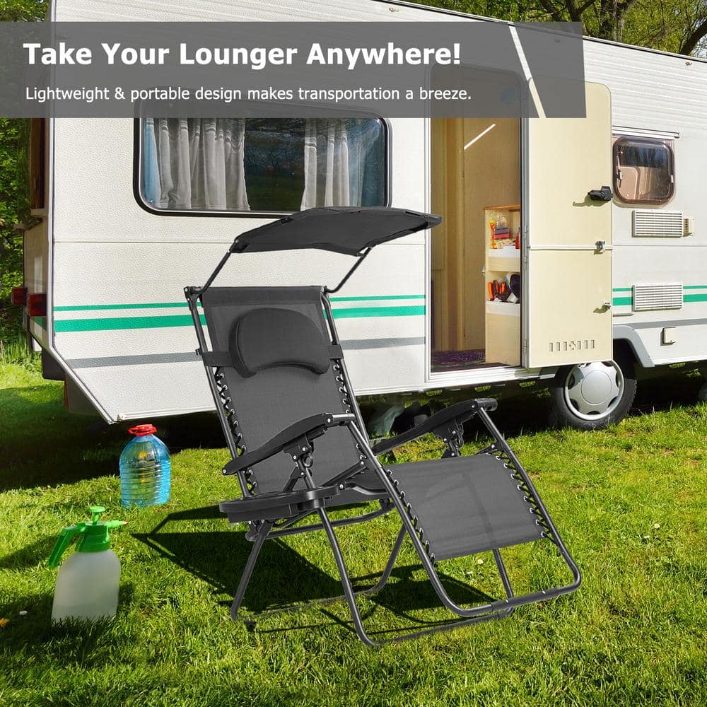 Black Steel Folding Chaise Lounge Chair with Adjustable Sun Shade Canopy