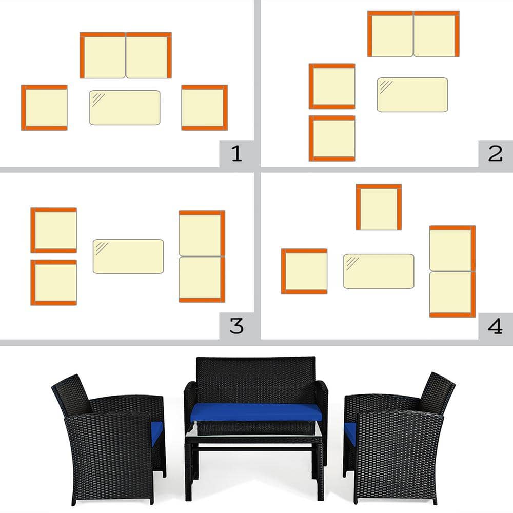 Navy Cushioned 4-Piece Black Rattan Patio Conversation Set