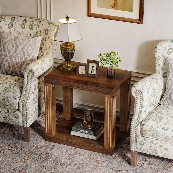 BYBLIGHT Kerlin 23.62 in. 2-Tier Brown Wood End Table for Living Room, Rectangle Side Table, Farmhouse Nightstand for Bedroom